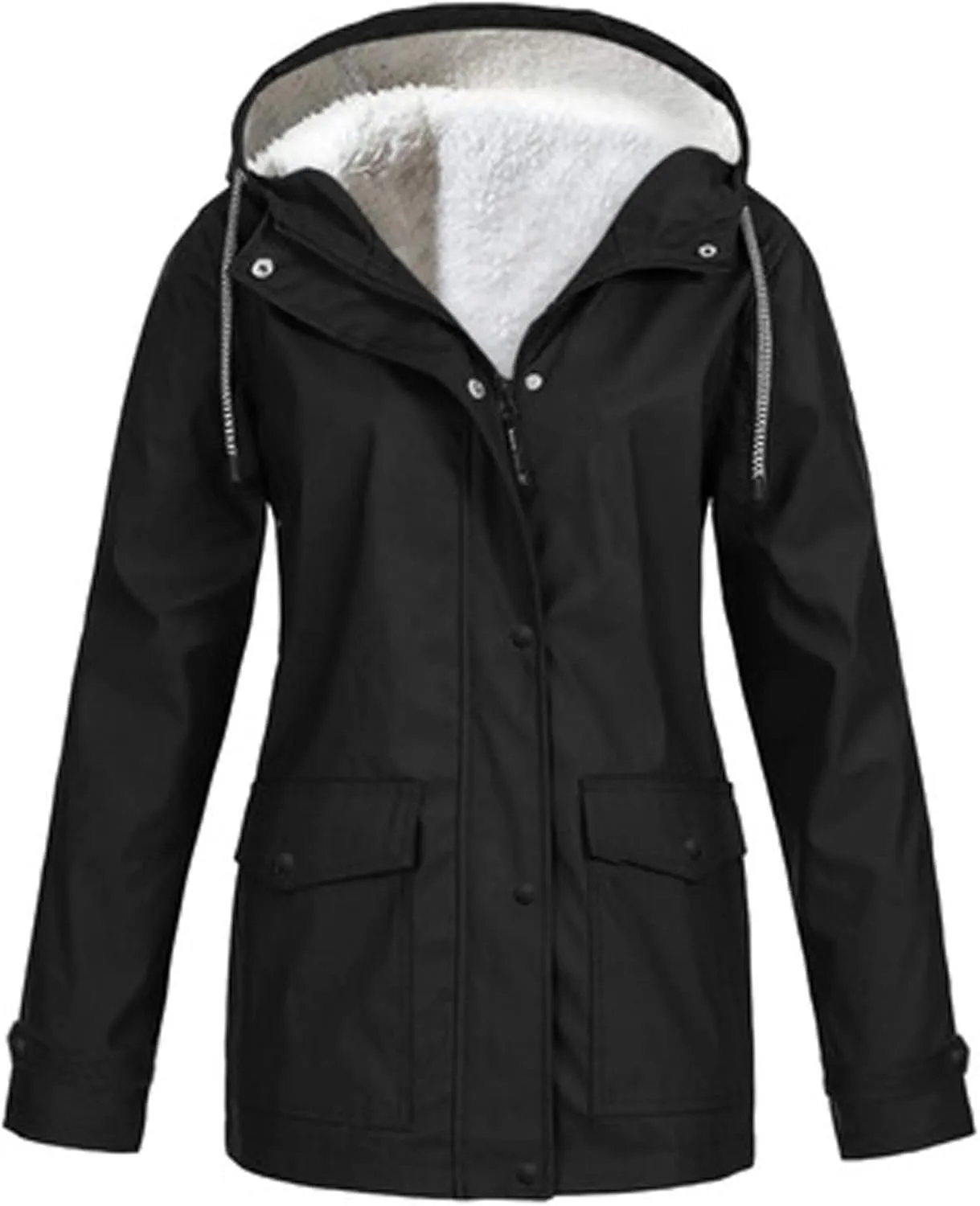 YRAETENM Fleece Lined Raincoat for Women Waterproof Lightweight Rain Jacket Plus Size Warm Ski Outdoor Trench Coats with Hood