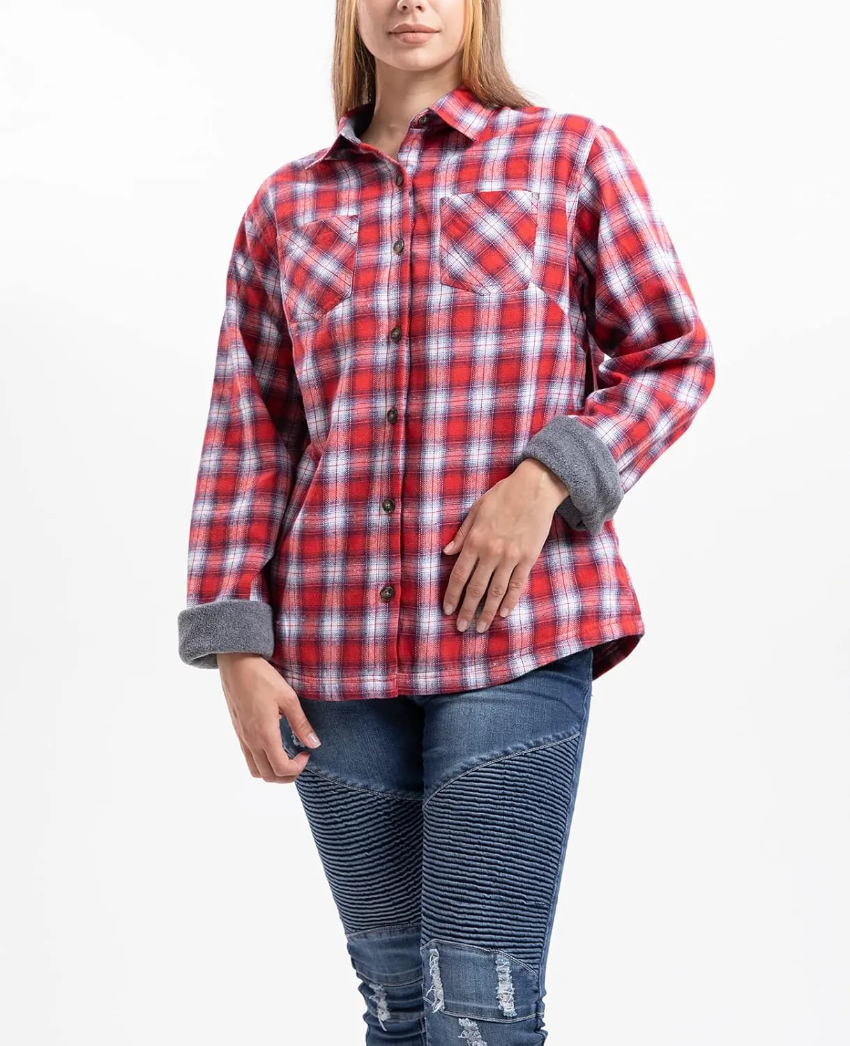 ZENTHACE Women's Thermal Fleece Lined Plaid Button Down Flannel Shirt Jacket