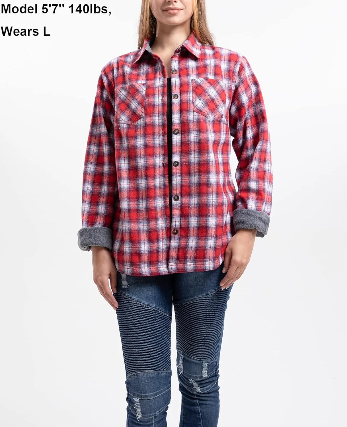 ZENTHACE Women's Thermal Fleece Lined Plaid Button Down Flannel Shirt Jacket
