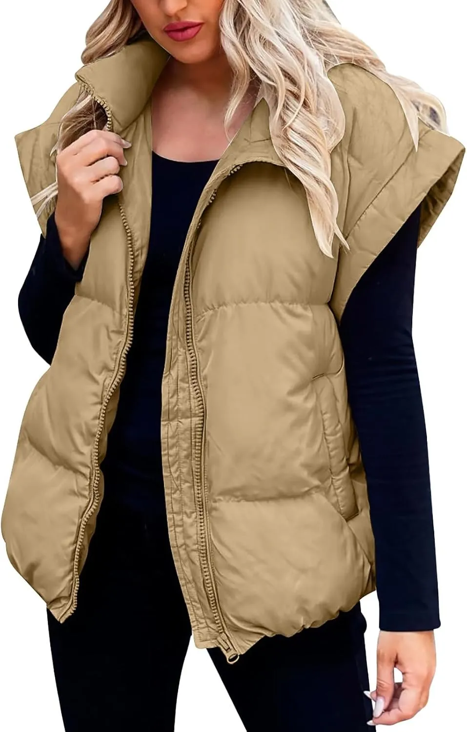 Zip Up Winter Coat Outerwear Vests Zipper Pocket Loose Sleeveless Jacket Coat Sleeveless Lightweight Puffer Jacket