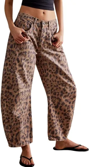 ZOCANIA Leopard Print Denim Pants for Womens Baggy Jeans Barrel Pants Boyfriend Mid Rise Wide Leg Harem Pants Ankle Pants Casual Loose Fall Trousers Pants,S