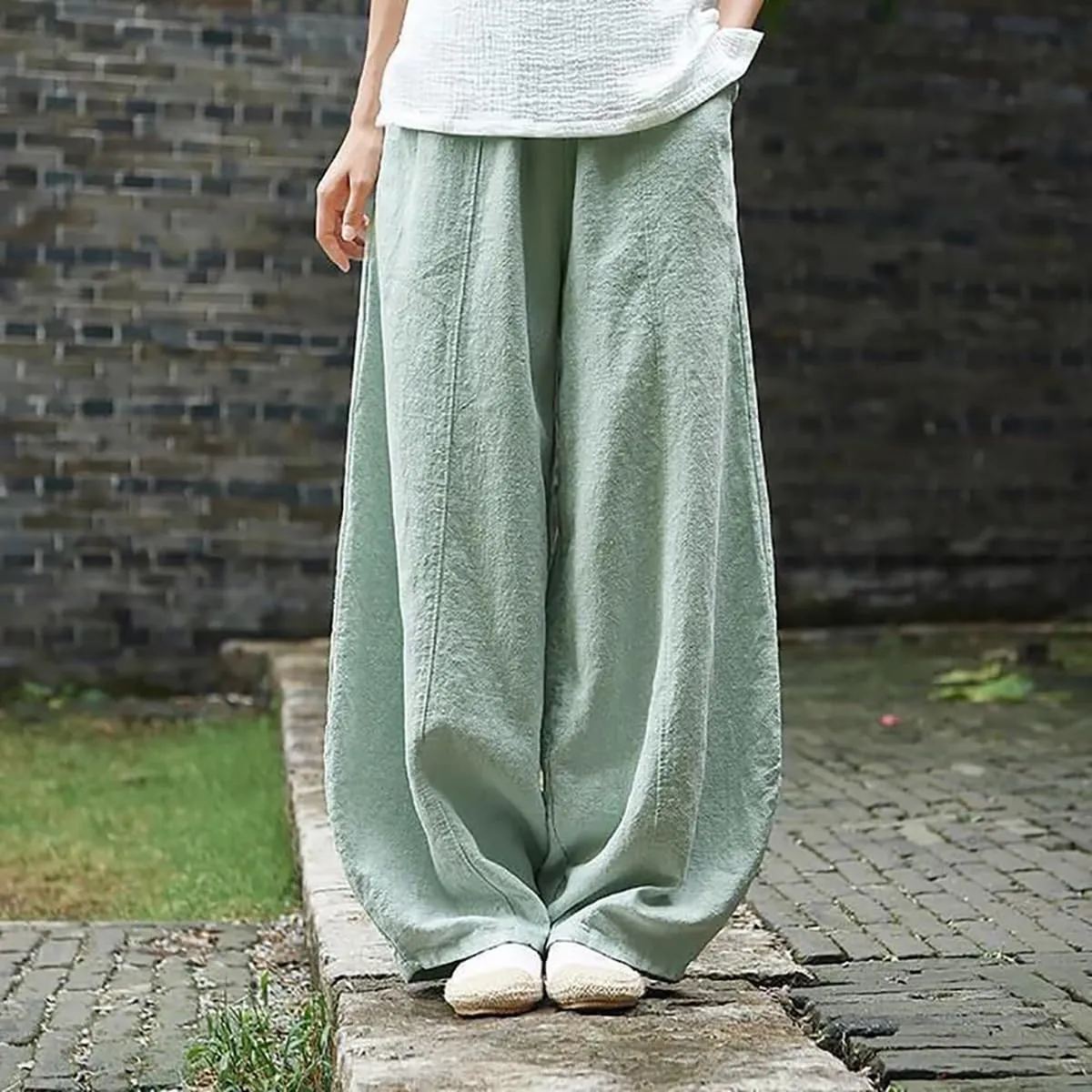 ZOCAVIA Women's Cotton Linen Pants Casual Elastic Waist Baggy Harem Pants Japanese Pants Loose Lantern Trouser with Pockets