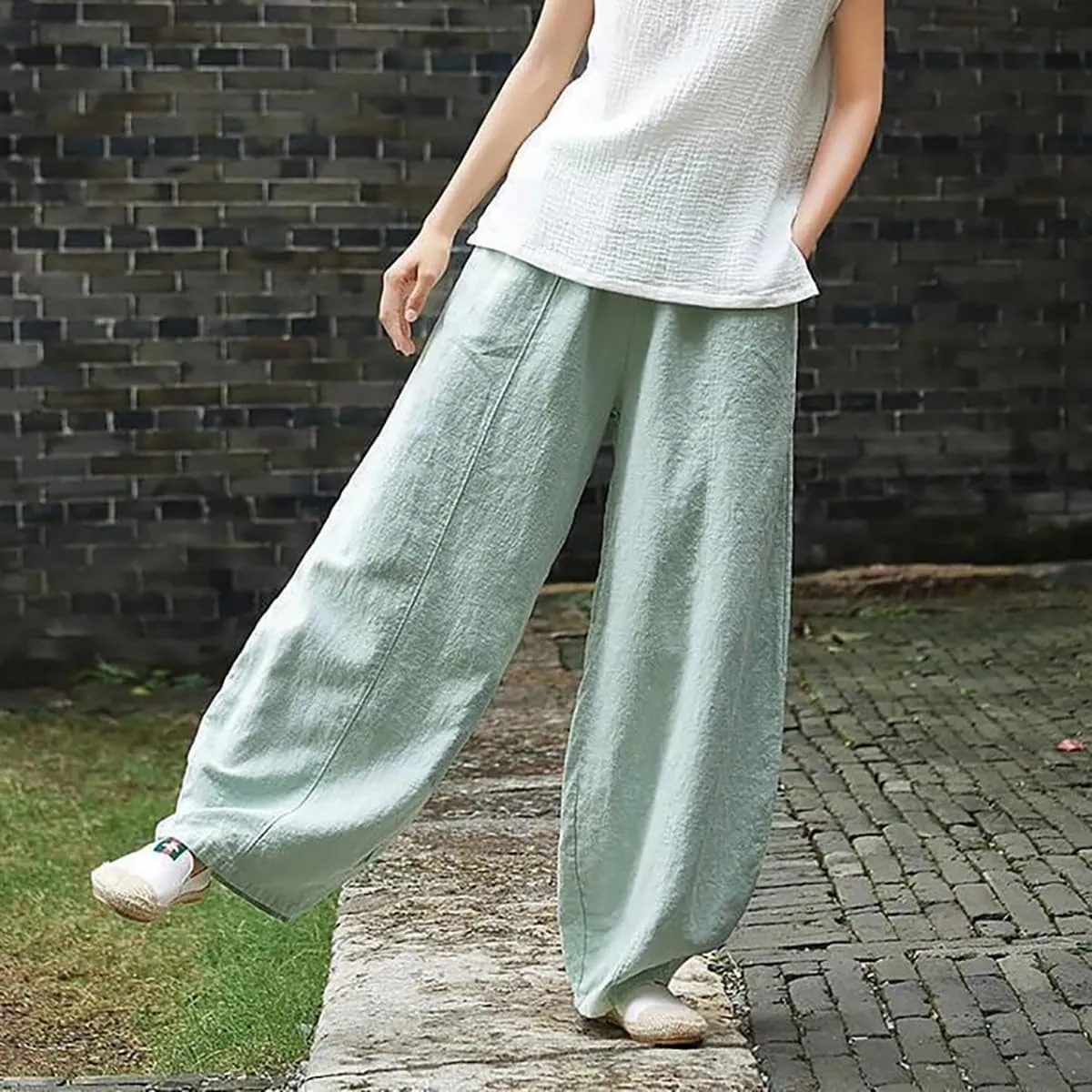 ZOCAVIA Women's Cotton Linen Pants Casual Elastic Waist Baggy Harem Pants Japanese Pants Loose Lantern Trouser with Pockets