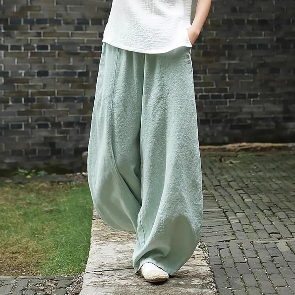 ZOCAVIA Women's Cotton Linen Pants Casual Elastic Waist Baggy Harem Pants Japanese Pants Loose Lantern Trouser with Pockets