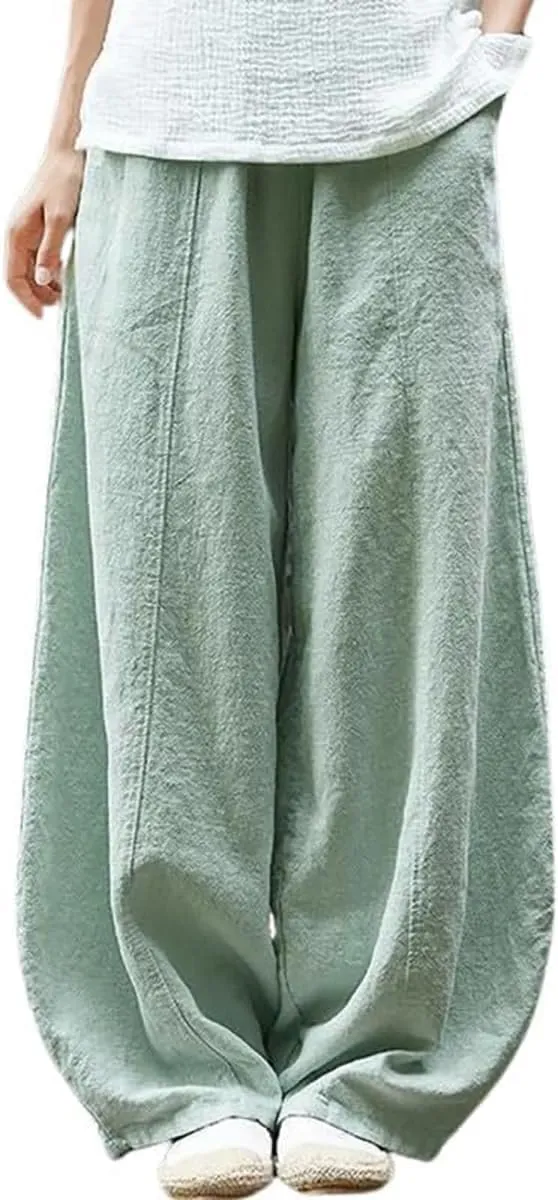 ZOCAVIA Women's Cotton Linen Pants Casual Elastic Waist Baggy Harem Pants Japanese Pants Loose Lantern Trouser with Pockets