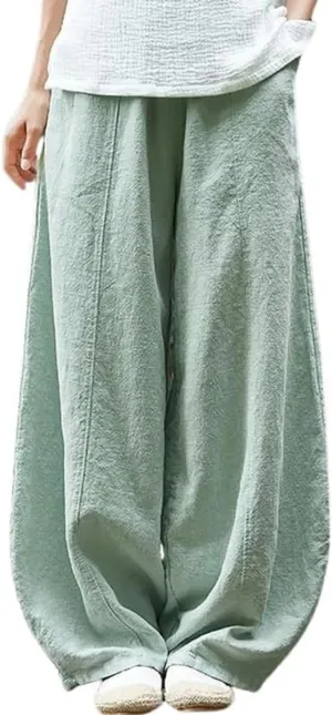 ZOCAVIA Women's Cotton Linen Pants Casual Elastic Waist Baggy Harem Pants Japanese Pants Loose Lantern Trouser with Pockets
