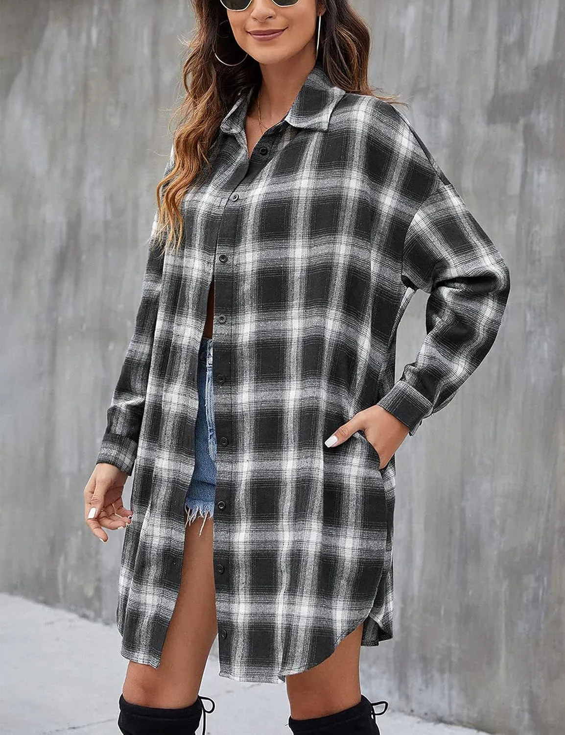 Zontroldy Womens Button Down Flannel Plaid Shirts Mid Long Casual Boyfriend Buffalo Pockets Shirt Jacket Shacket Coat