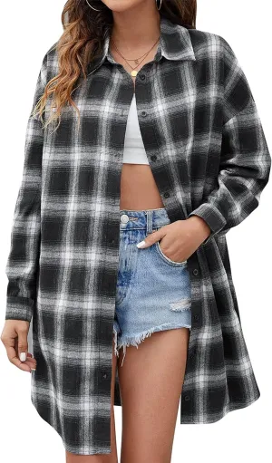 Zontroldy Womens Button Down Flannel Plaid Shirts Mid Long Casual Boyfriend Buffalo Pockets Shirt Jacket Shacket Coat