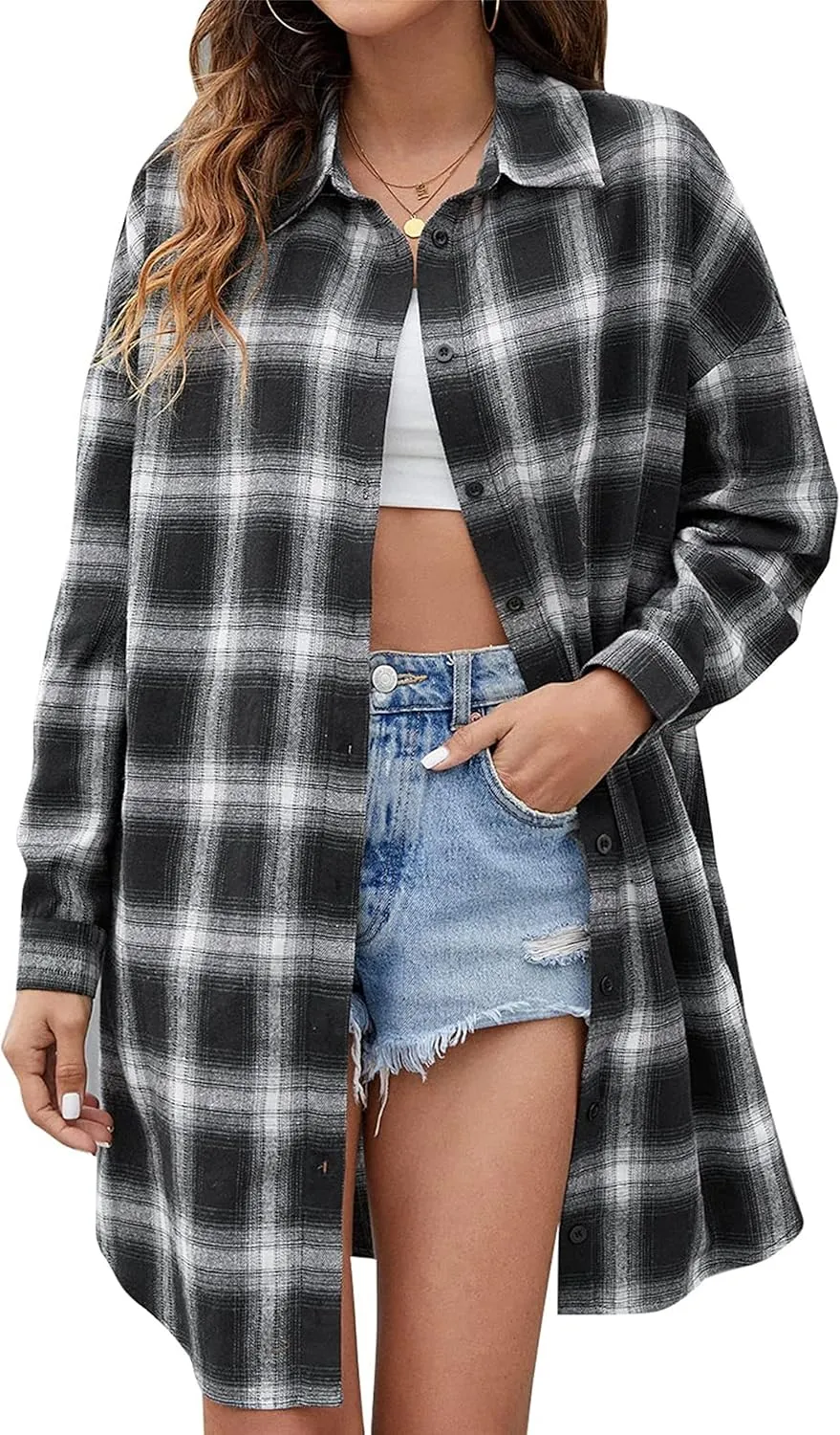Zontroldy Womens Button Down Flannel Plaid Shirts Mid Long Casual Boyfriend Buffalo Pockets Shirt Jacket Shacket Coat