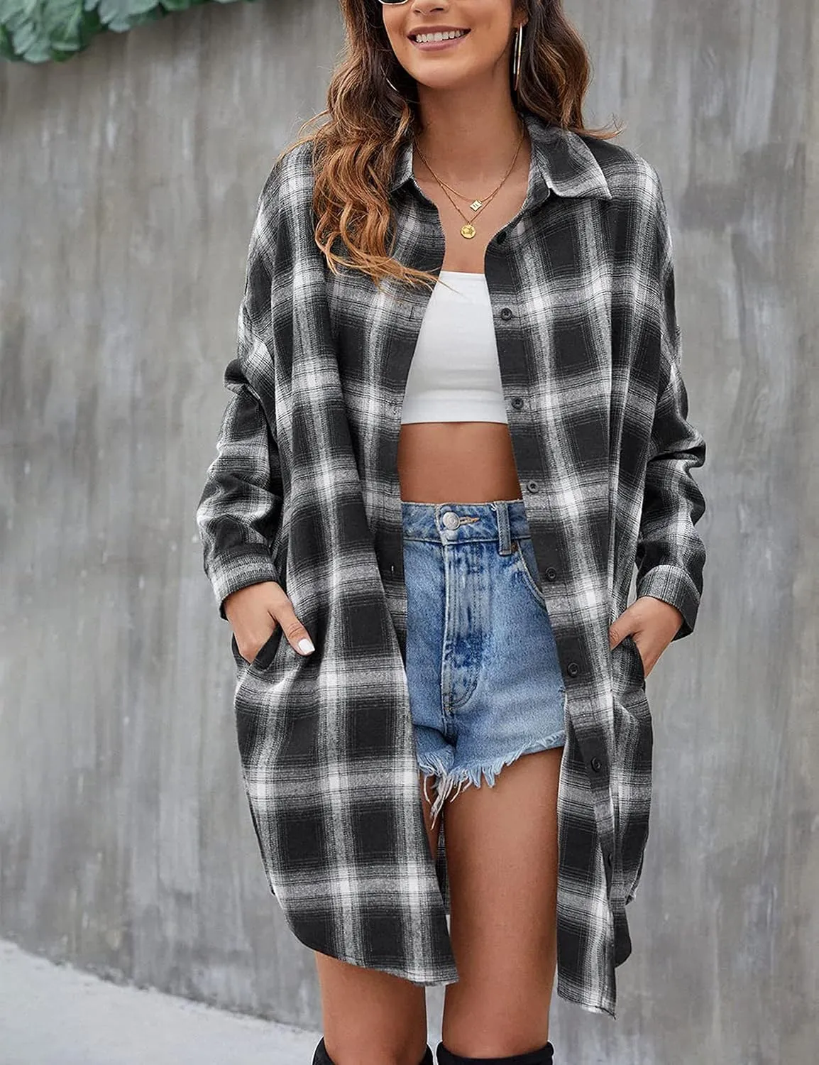 Zontroldy Womens Button Down Flannel Plaid Shirts Mid Long Casual Boyfriend Buffalo Pockets Shirt Jacket Shacket Coat