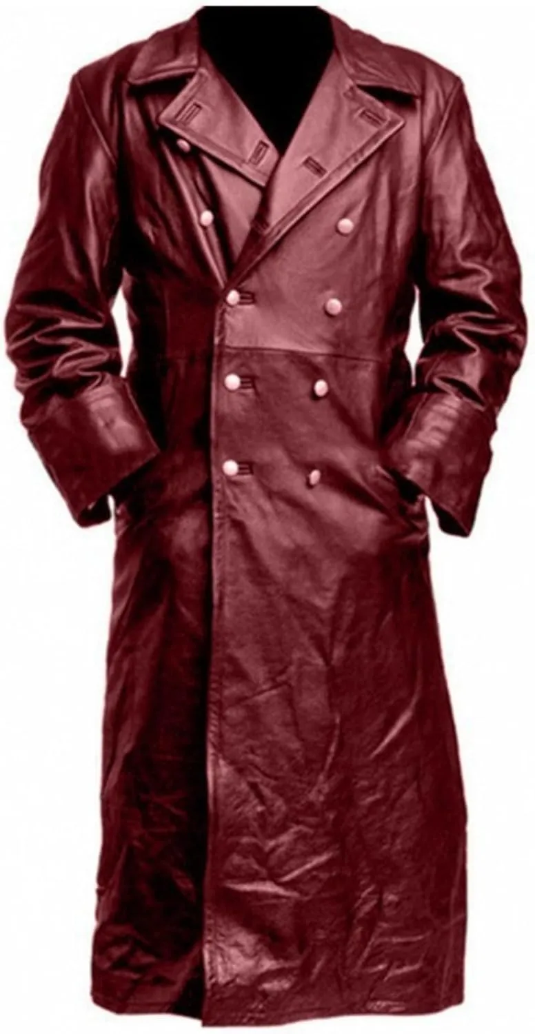 ZWRXW Leather Trench Coats for Men Double Breasted Notched Lapel Overcoats Vintage Slim Fit Long Sleeve Classic Jackets