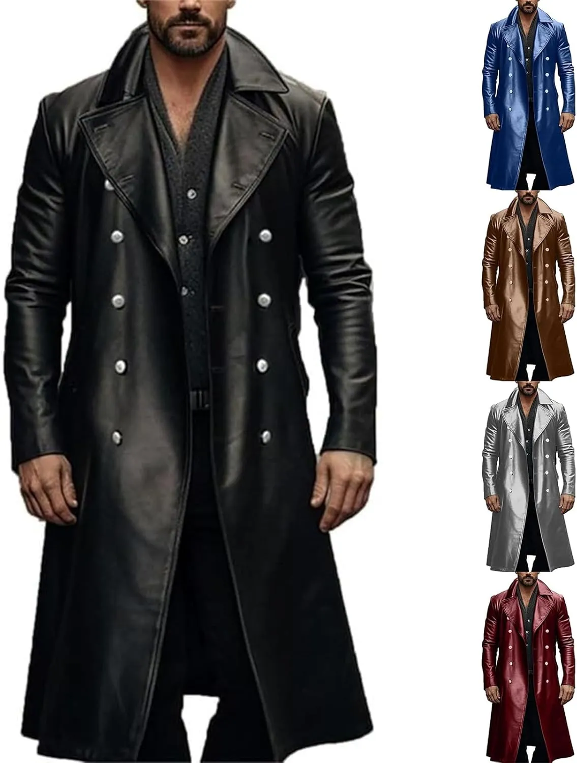 ZWRXW Leather Trench Coats for Men Double Breasted Notched Lapel Overcoats Vintage Slim Fit Long Sleeve Classic Jackets