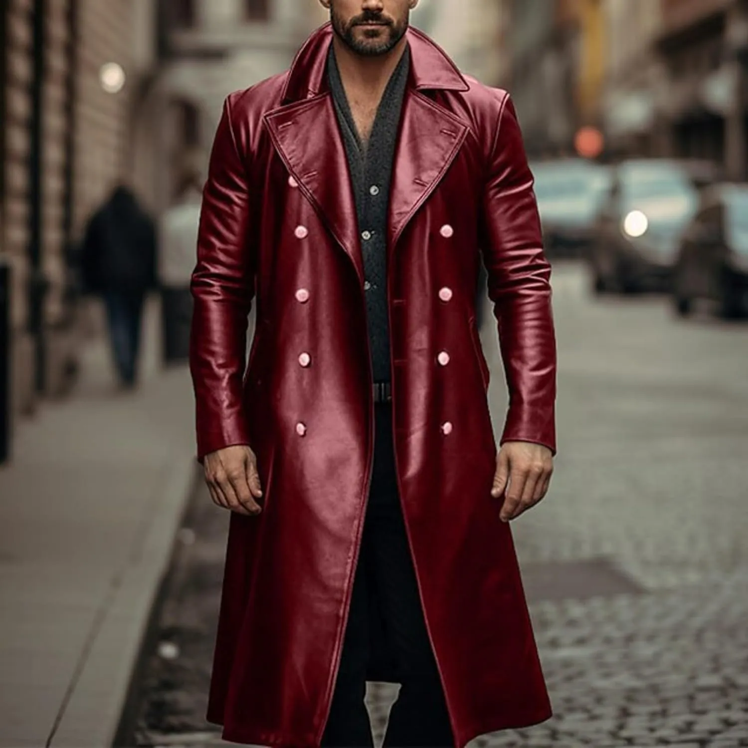 ZWRXW Leather Trench Coats for Men Double Breasted Notched Lapel Overcoats Vintage Slim Fit Long Sleeve Classic Jackets