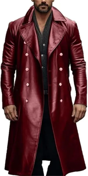ZWRXW Leather Trench Coats for Men Double Breasted Notched Lapel Overcoats Vintage Slim Fit Long Sleeve Classic Jackets