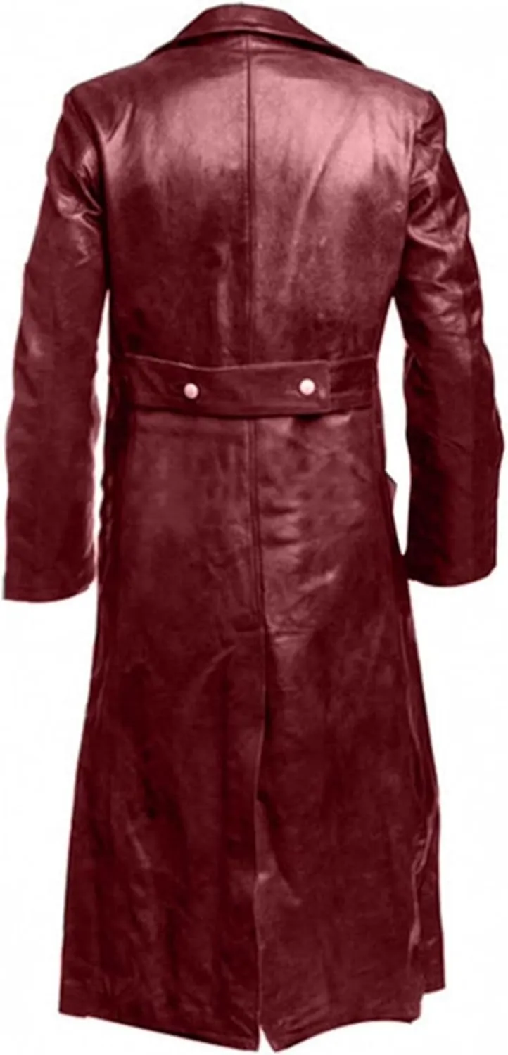 ZWRXW Leather Trench Coats for Men Double Breasted Notched Lapel Overcoats Vintage Slim Fit Long Sleeve Classic Jackets