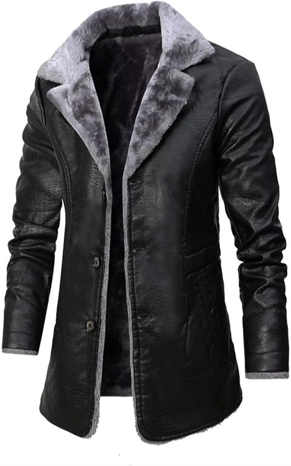 ZWRXW Mens PU Leather Long Jackets Faux Fleece Sherpa Lined Trench Coats Heavyweight Button Up Fur Collar Winter Warm Cloak