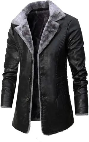 ZWRXW Mens PU Leather Long Jackets Faux Fleece Sherpa Lined Trench Coats Heavyweight Button Up Fur Collar Winter Warm Cloak