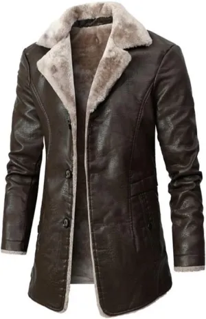 ZWRXW Mens PU Leather Long Jackets Faux Fleece Sherpa Lined Trench Coats Heavyweight Button Up Fur Collar Winter Warm Cloak
