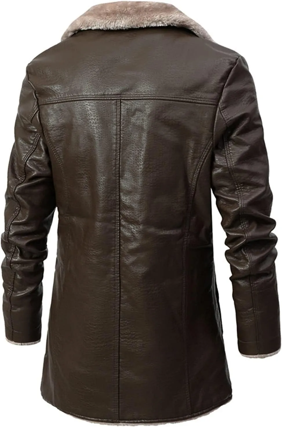 ZWRXW Mens PU Leather Long Jackets Faux Fleece Sherpa Lined Trench Coats Heavyweight Button Up Fur Collar Winter Warm Cloak
