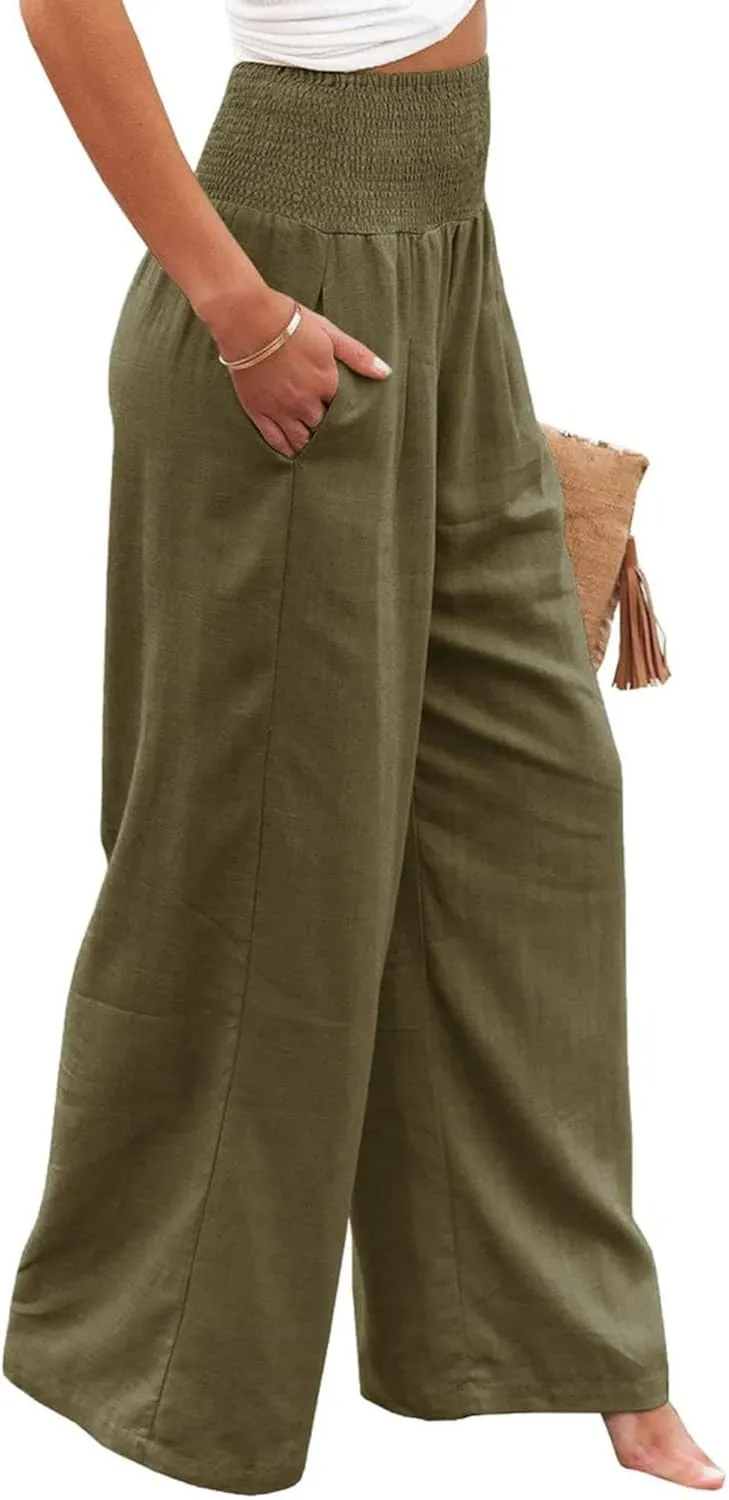 ZWRXW Women's Linen Pants Summer Flowy Palazzo Wide Leg Pants Beach High Waisted Trousers Boho Long Lounge Pants with Pockets