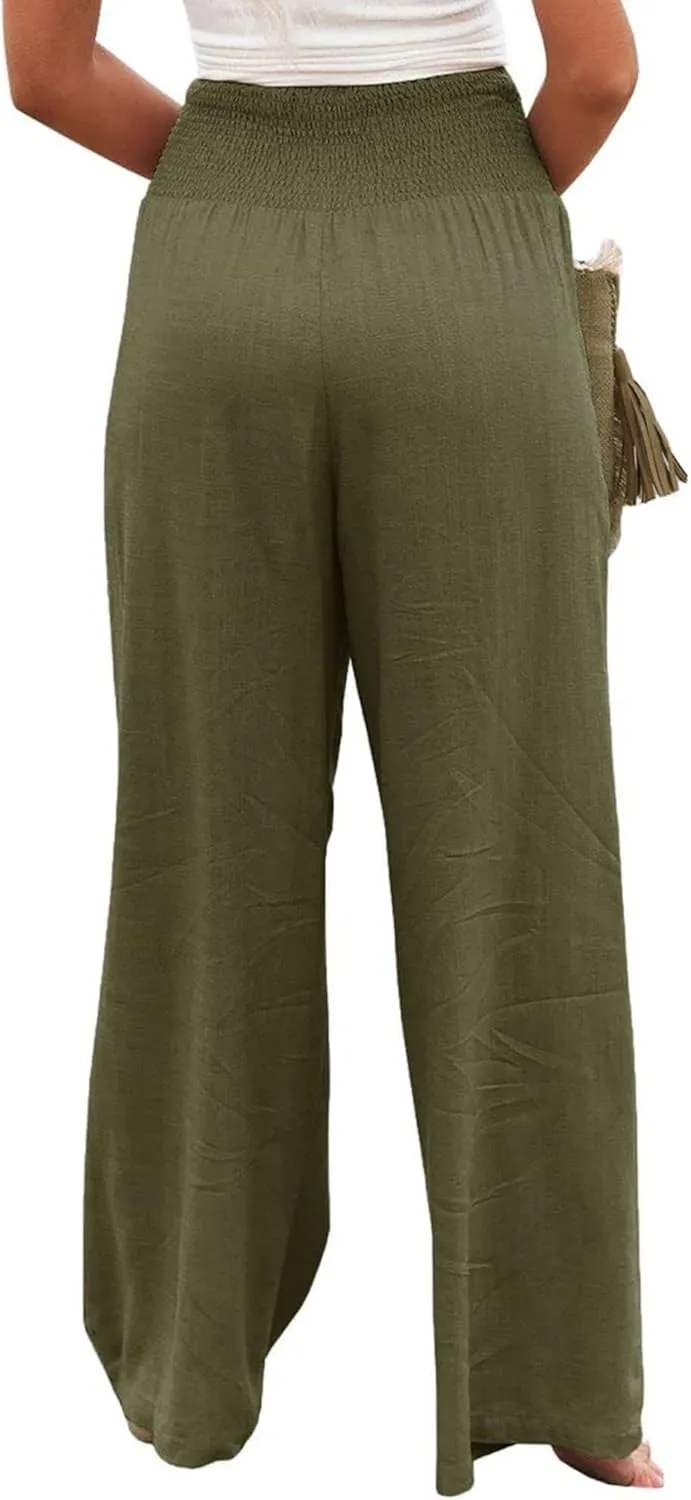 ZWRXW Women's Linen Pants Summer Flowy Palazzo Wide Leg Pants Beach High Waisted Trousers Boho Long Lounge Pants with Pockets
