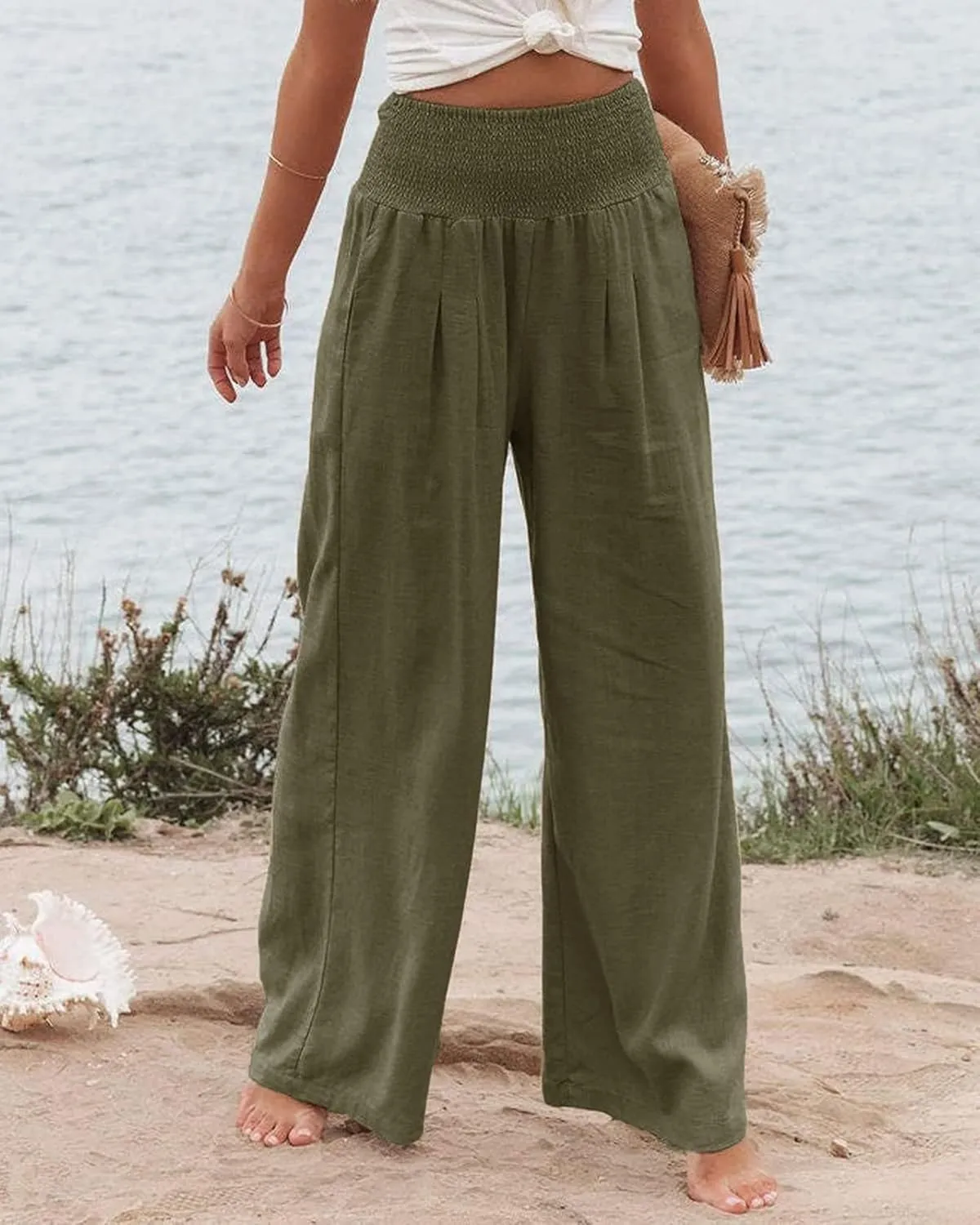 ZWRXW Women's Linen Pants Summer Flowy Palazzo Wide Leg Pants Beach High Waisted Trousers Boho Long Lounge Pants with Pockets