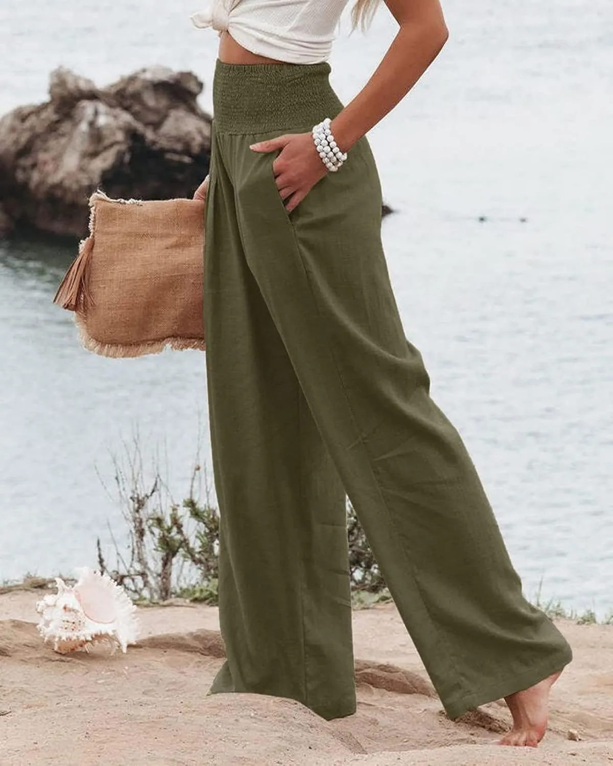 ZWRXW Women's Linen Pants Summer Flowy Palazzo Wide Leg Pants Beach High Waisted Trousers Boho Long Lounge Pants with Pockets
