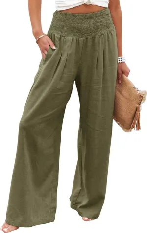 ZWRXW Women's Linen Pants Summer Flowy Palazzo Wide Leg Pants Beach High Waisted Trousers Boho Long Lounge Pants with Pockets