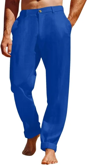 ZYXTIM Cotton Linen Trousers for Men Flat Front Lightweight Casual Work Pants Quick Dry Summer Beach Yoga Pants with Pockets
