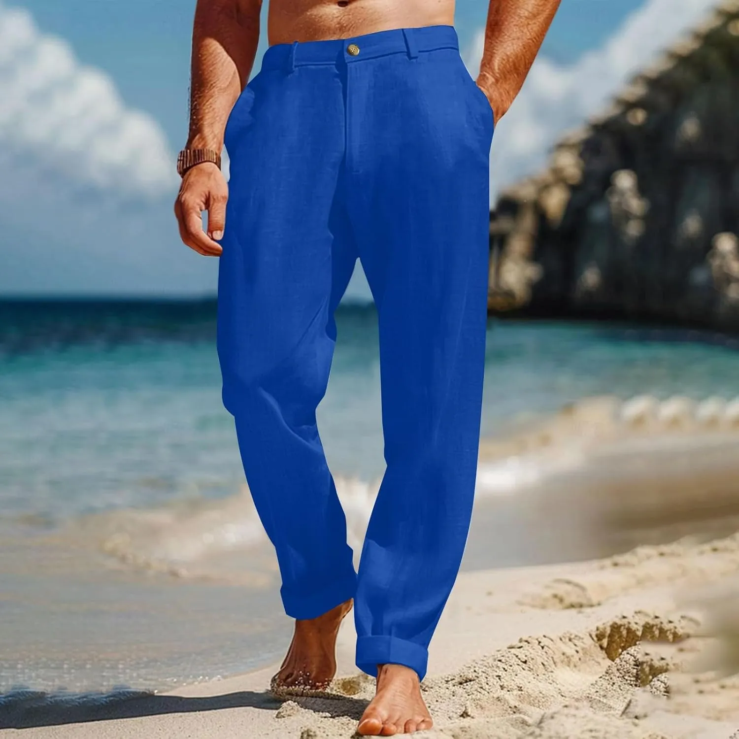 ZYXTIM Cotton Linen Trousers for Men Flat Front Lightweight Casual Work Pants Quick Dry Summer Beach Yoga Pants with Pockets